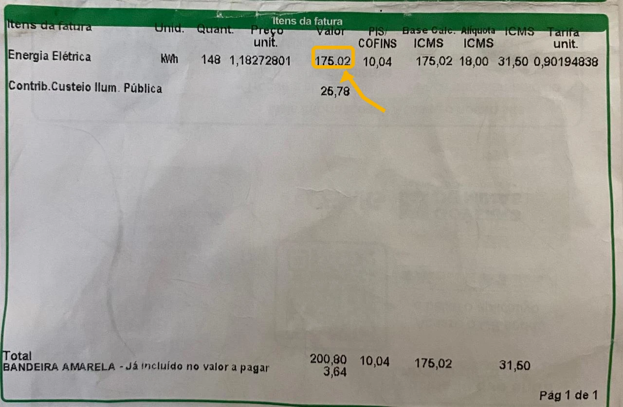 Trecho da conta de energia com o valor de Energia Elétrica R$ 175,02 destacado